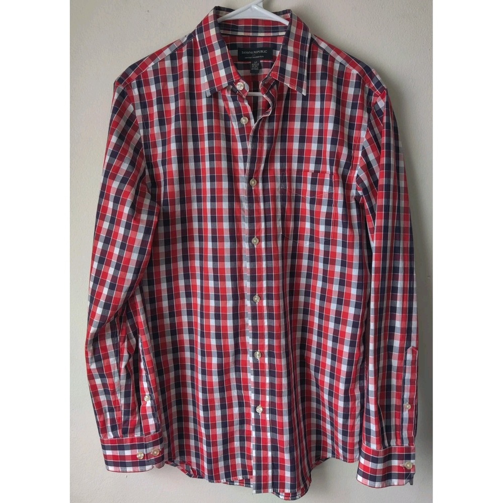 J Crew Mens‎ Non Iron Tailored Slim Button Up Red/Blue/White Check Long Sleeve M
